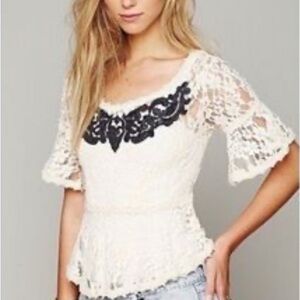 Free People Sheer Cream Lace Peplum Blouse XSmall xs shirt top